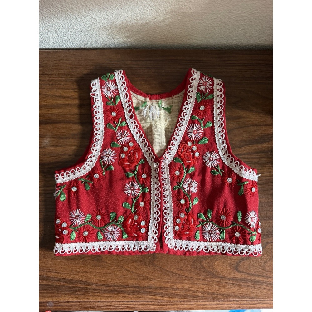 Vintage Child's European Traditional Folk Vest Hand Embroidered Red Floral Beads
